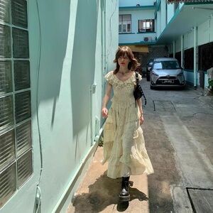 Dotted Cream Ruffled Maxi Dress